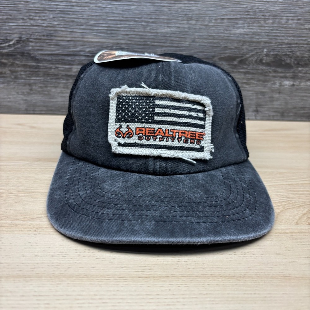 Realtree Outfitters Hat Cap Snap Back Black Trucker USA Flag Hunting Outdoor NWT